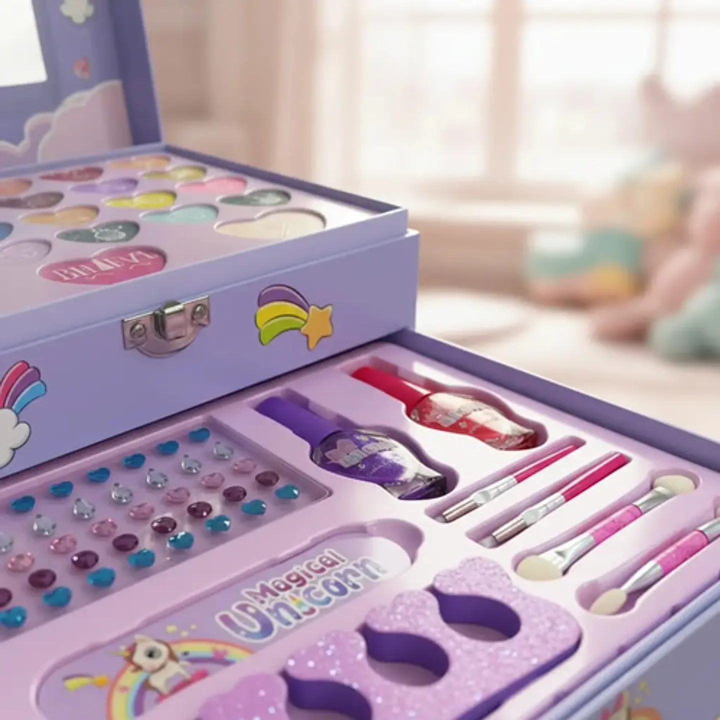 Maquillaje Para Niñas Unicornio Sombras Espejo Kit Caja 3