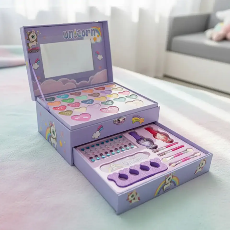 Maquillaje Para Niñas Unicornio Sombras Espejo Kit Caja 7