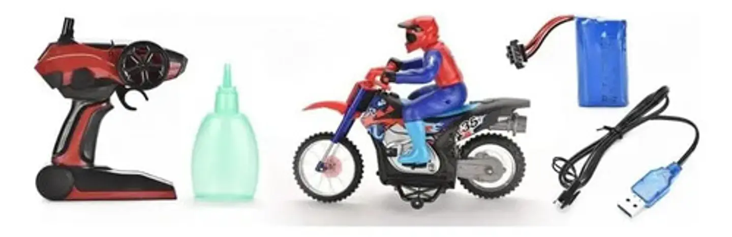 Moto De Juguete A Control Remoto Bota Humo Vehiculo Luces Azul Motociclista 4