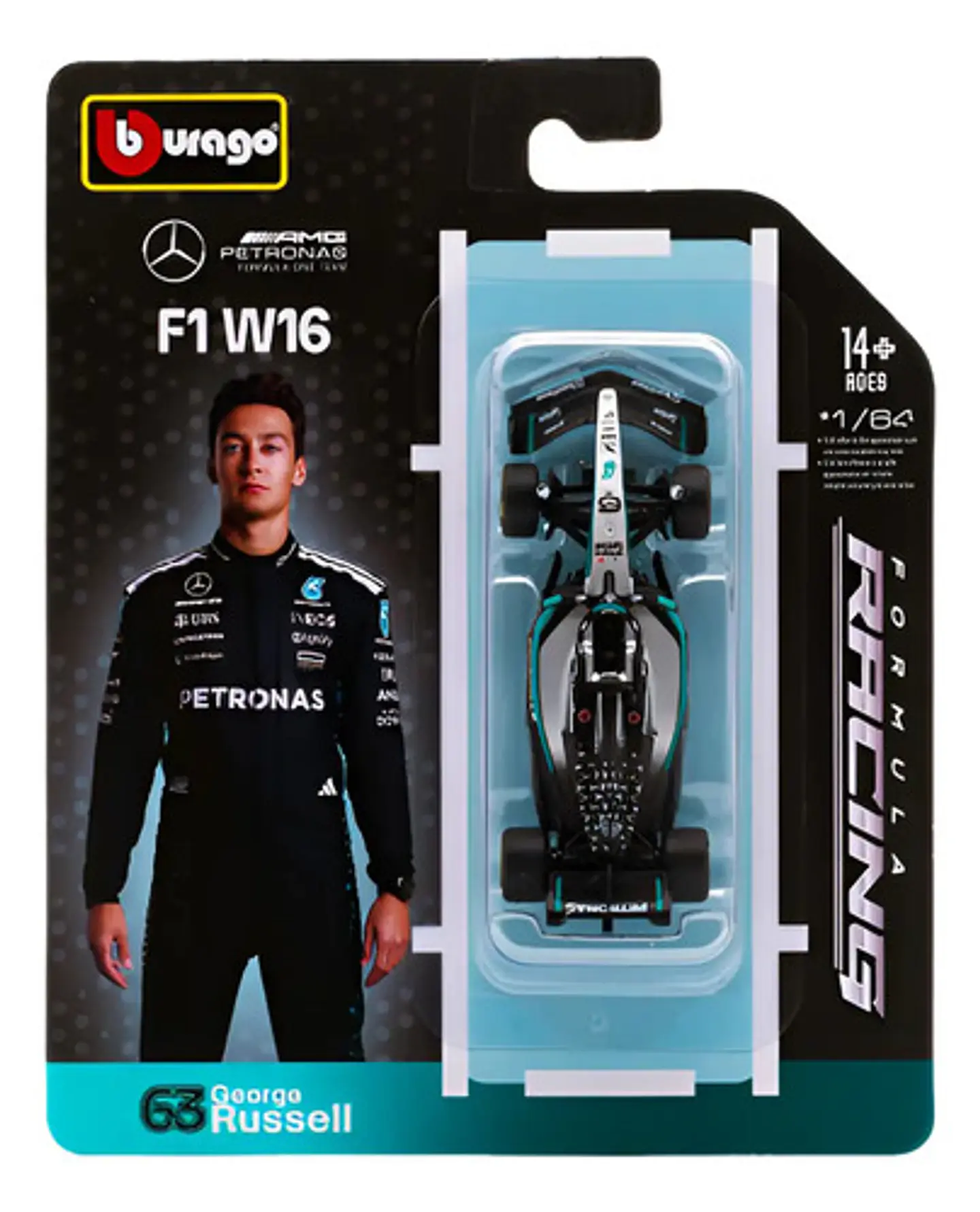 Auto Burago Race Mercedes Amgw16 2025 Escala 1:64 Russell#63 Negro 1