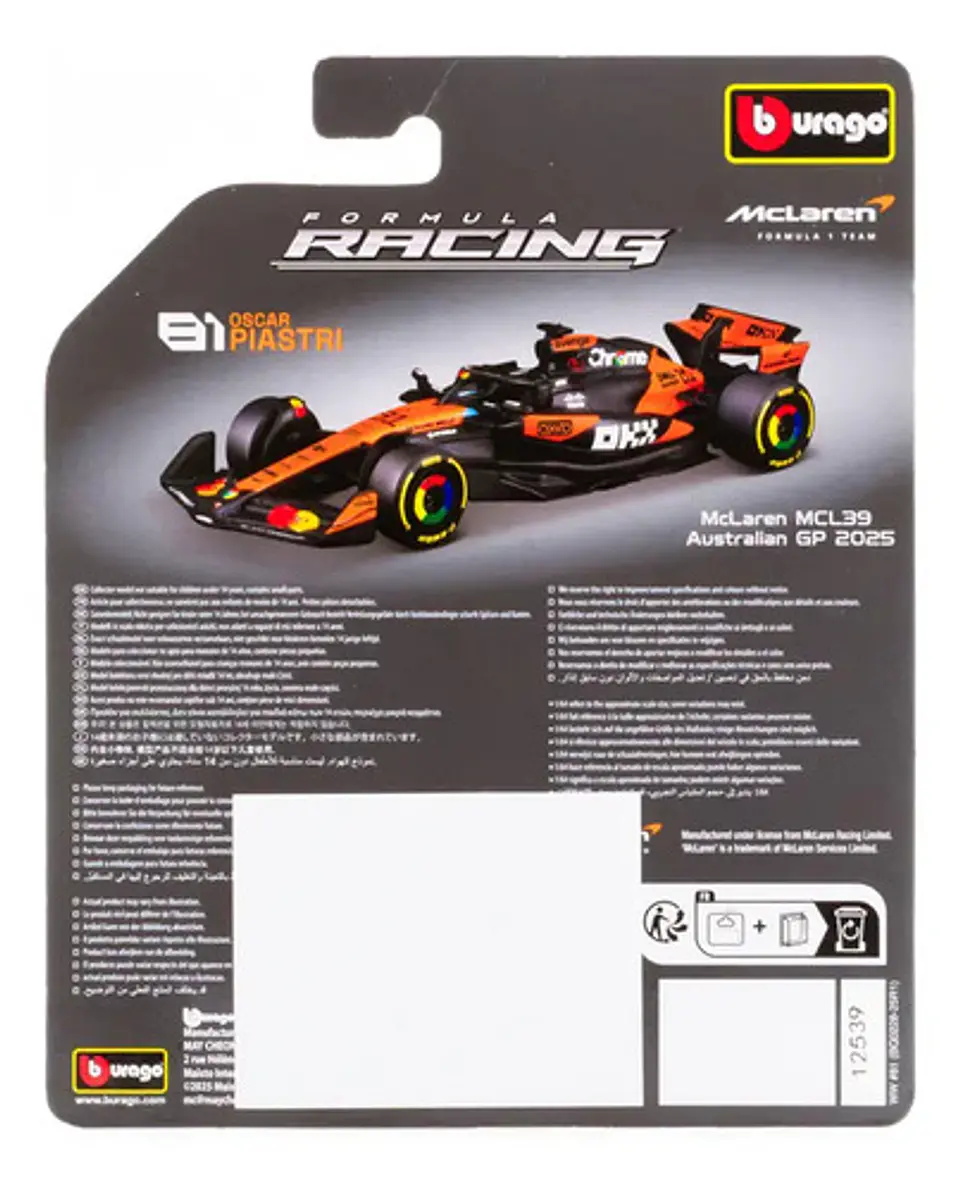 Auto Bburago Race Mclaren Mcl39 2025 Escala 1:64 Piastri #81 7