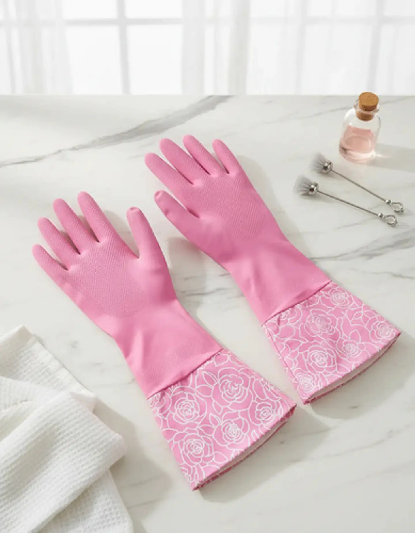 Guantes Largos De Latex Rosa Con Puño Floral Para Aseo 1