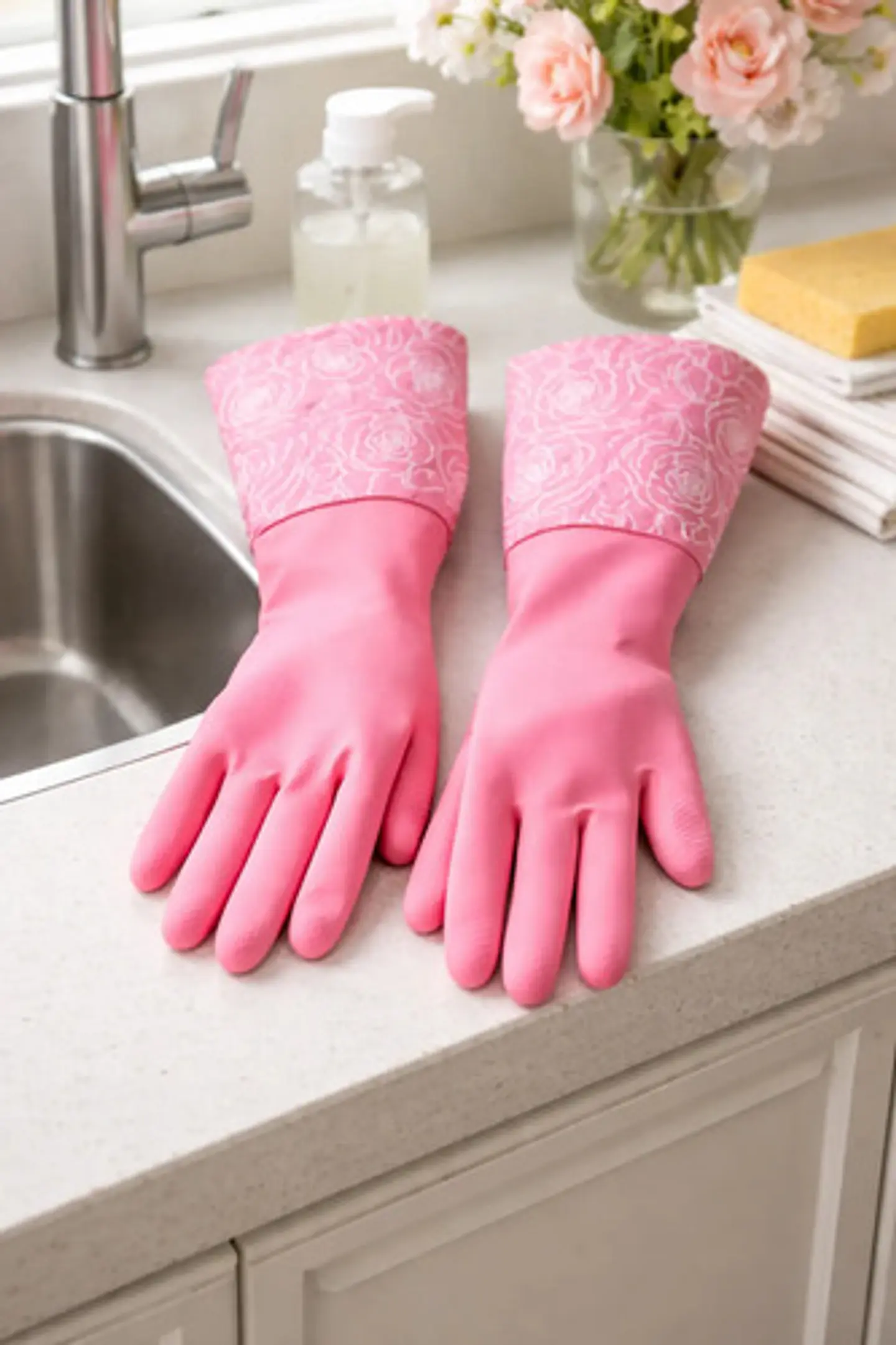 Guantes Largos De Latex Rosa Con Puño Floral Para Aseo 2