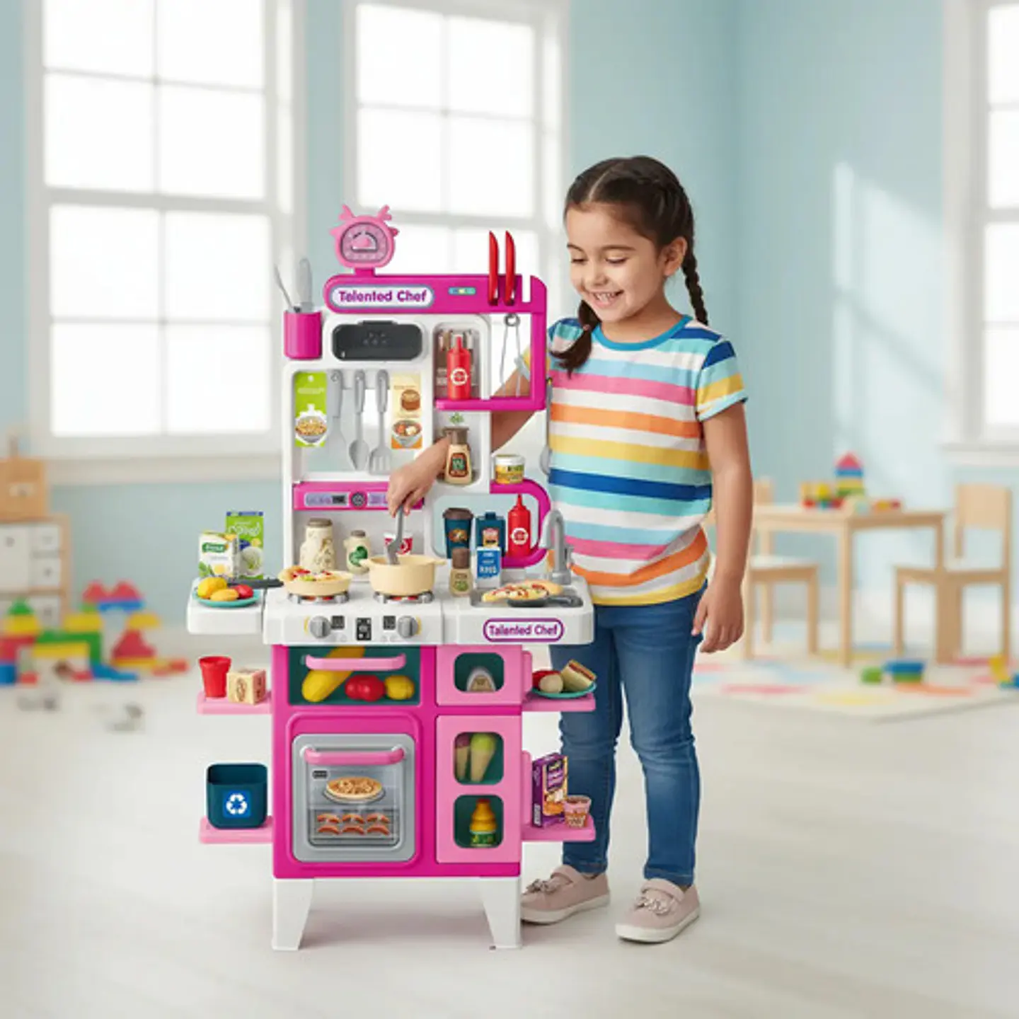 Cocina Infantil Con Agua Luz Sonido Vapor 104 Accesorios Rosa Chicle 3