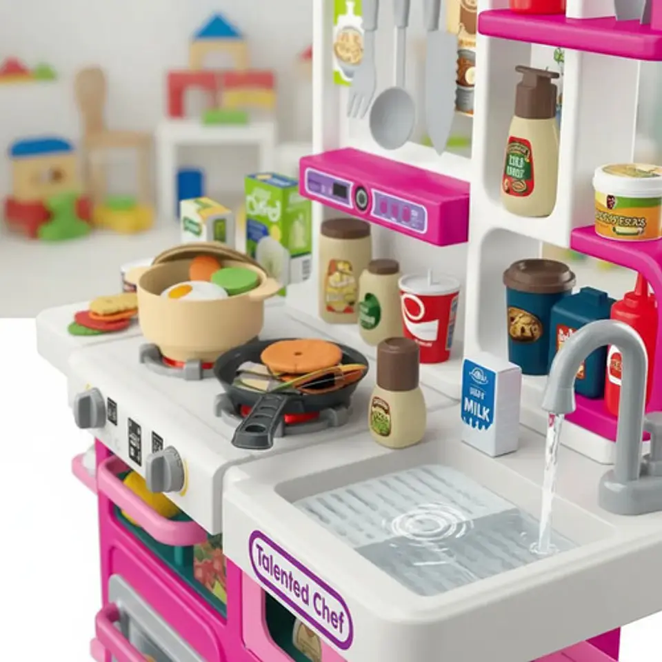 Cocina Infantil Con Agua Luz Sonido Vapor 104 Accesorios Rosa Chicle 5
