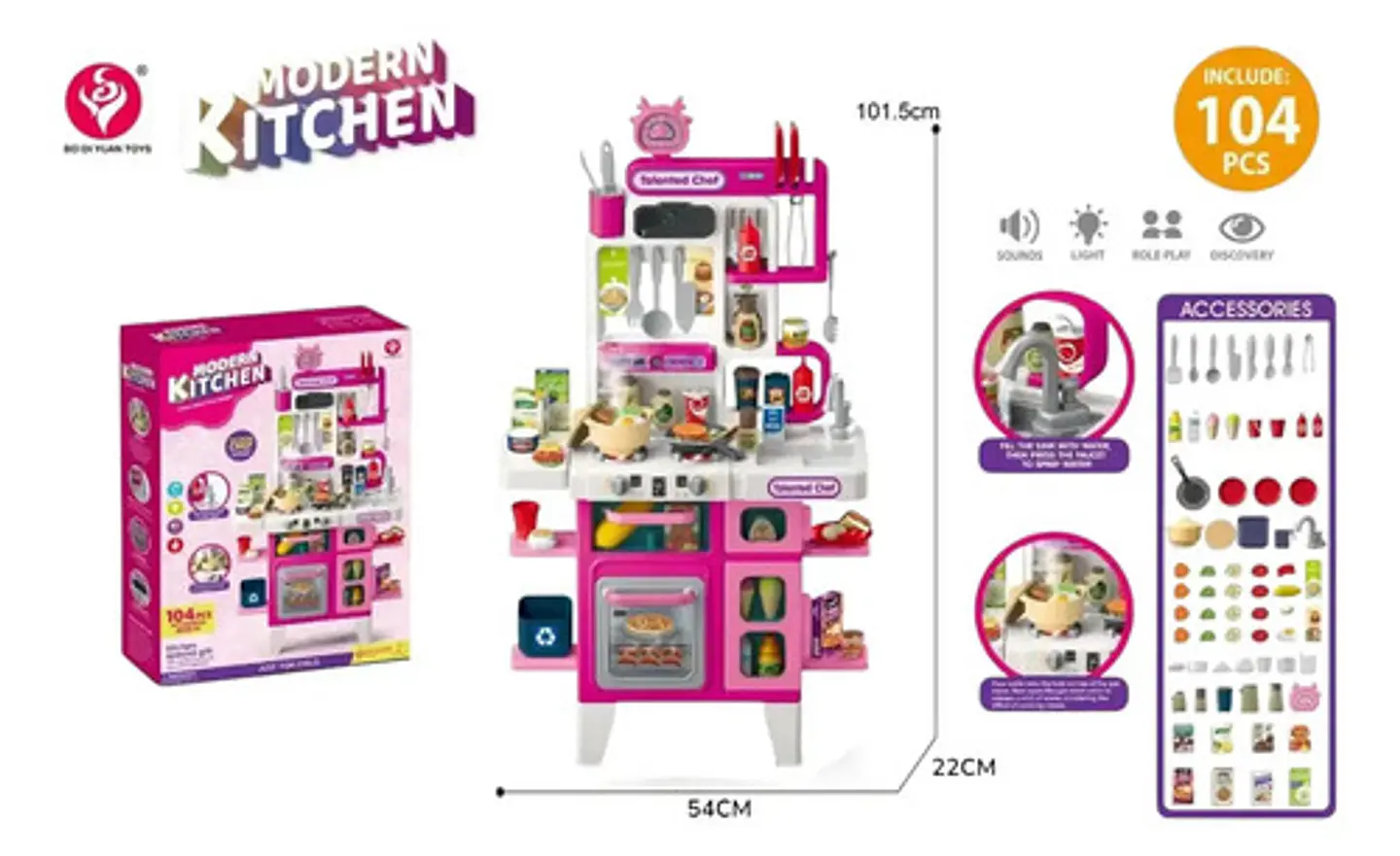 Cocina Infantil Con Agua Luz Sonido Vapor 104 Accesorios Rosa Chicle 6