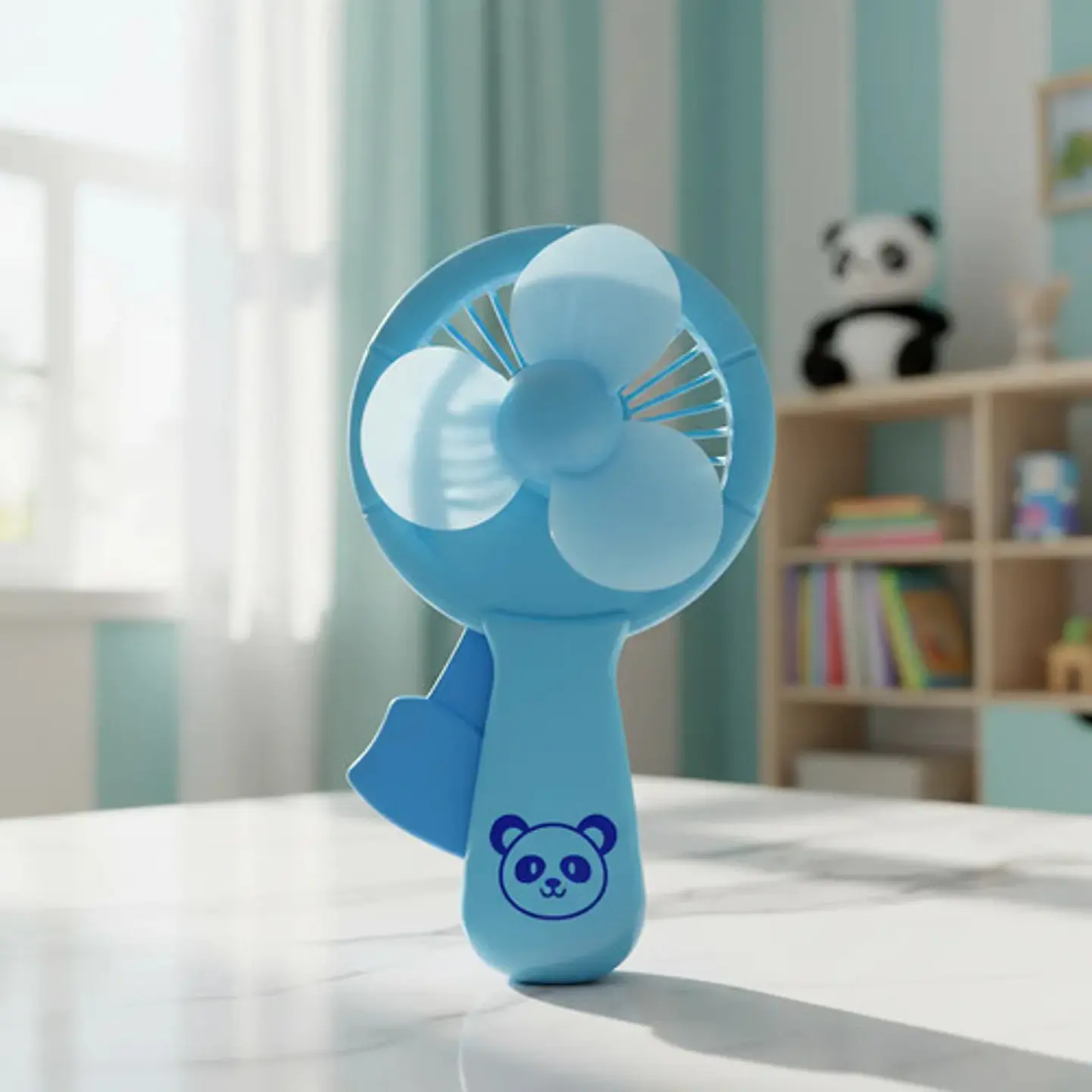 Ventilador De Mano Manual Azul Diseño Panda Para Niños 1