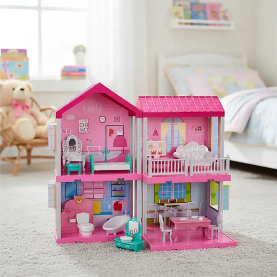 Casa Muñecas  2 Pisos Con Muebles Y  Muñeca Con Luces 1