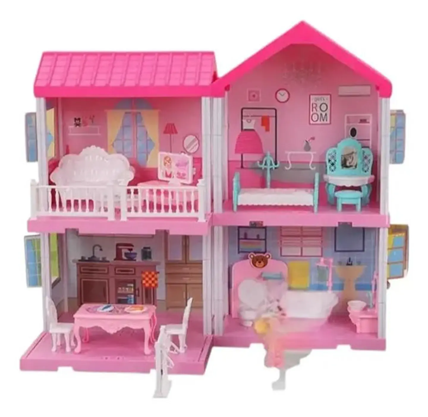 Casa Muñecas  2 Pisos Con Muebles Y  Muñeca Con Luces 3