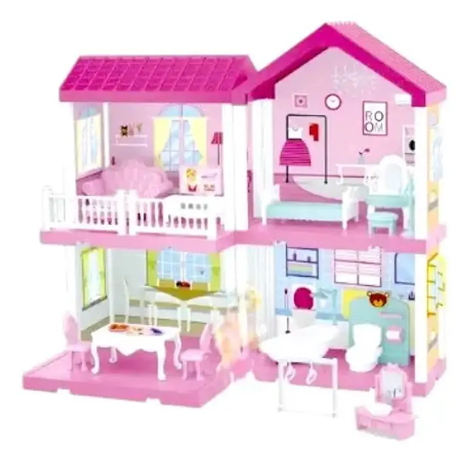 Casa Muñecas  2 Pisos Con Muebles Y  Muñeca Con Luces 5