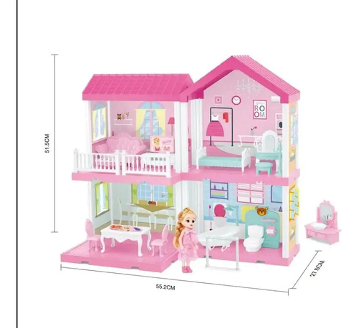 Casa Muñecas  2 Pisos Con Muebles Y  Muñeca Con Luces 6