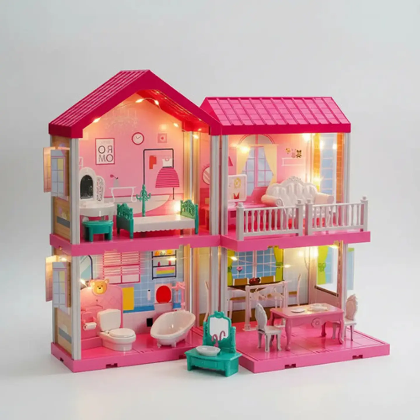 Casa Muñecas  2 Pisos Con Muebles Y  Muñeca Con Luces 7
