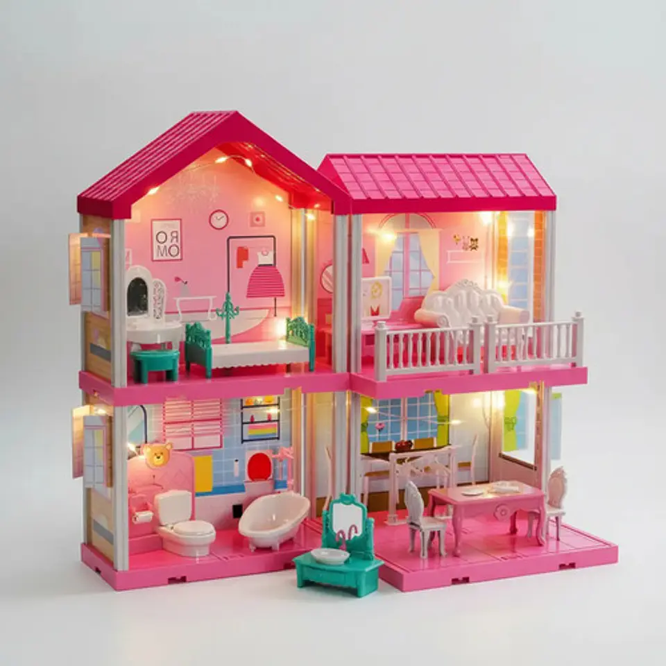 Casa Muñecas  2 Pisos Con Muebles Y  Muñeca Con Luces 7