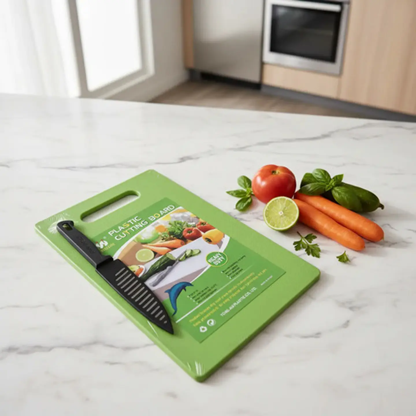 Tabla De Picar Plástica Verde Con Cuchillo Cocina 29cmx20cm 3