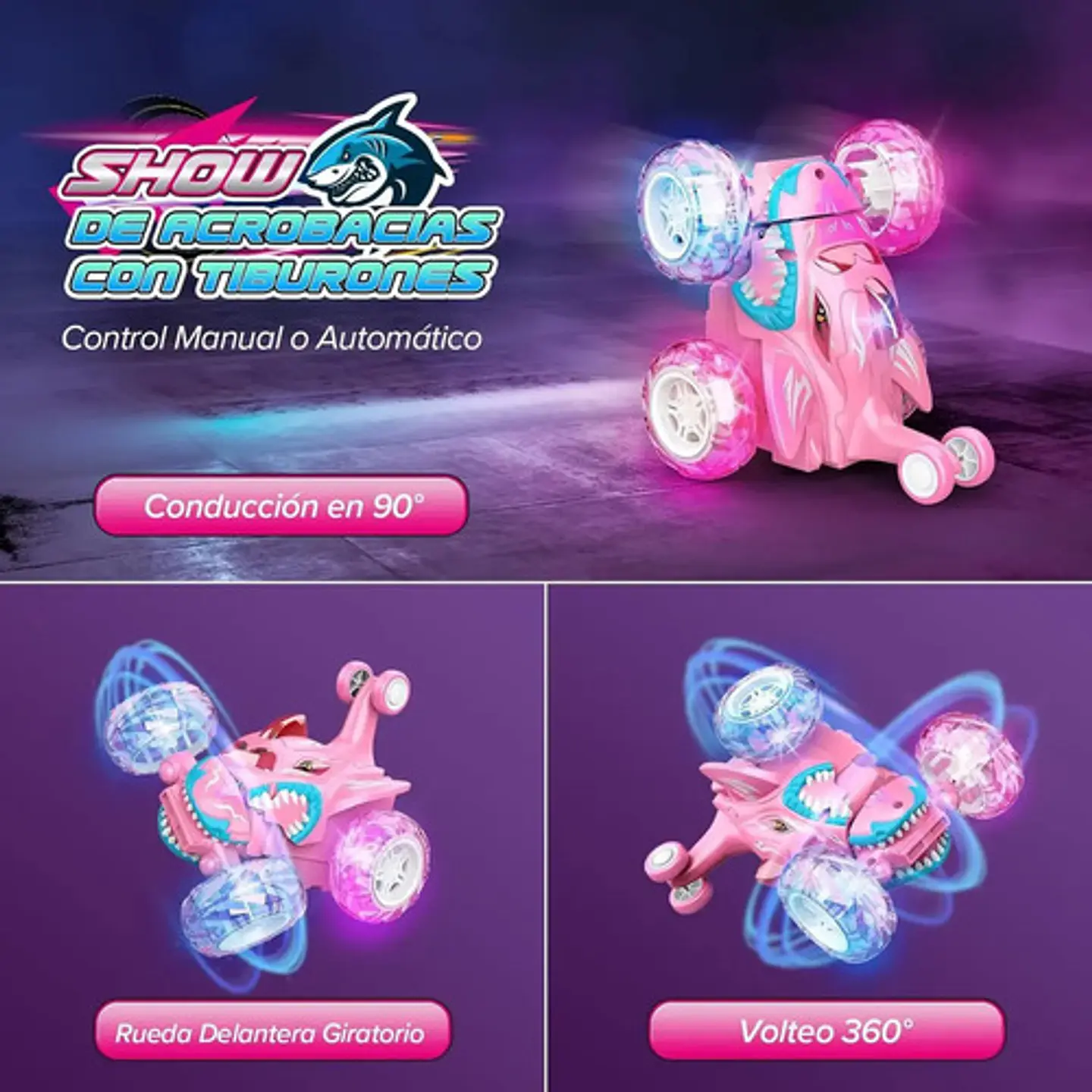 Carro R/c Unicornio Y Tiburón Para Niñas Luces Y Sonidos Color Rosa 2