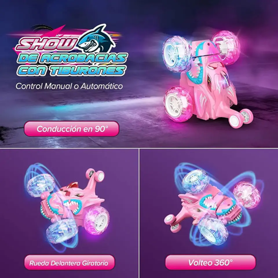 Carro R/c Unicornio Y Tiburón Para Niñas Luces Y Sonidos Color Rosa 2