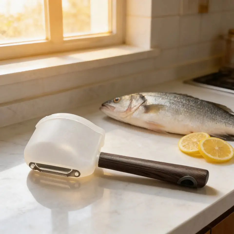 Descamador De Pescado Con Contenedor Mango Tipo Madera 2