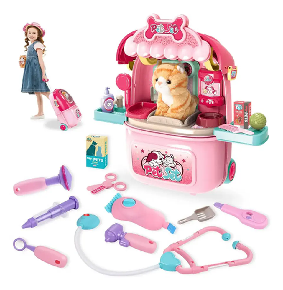 Maleta Maletin Ruedas Mascota Set Veterinaria Cuidado Gato 1