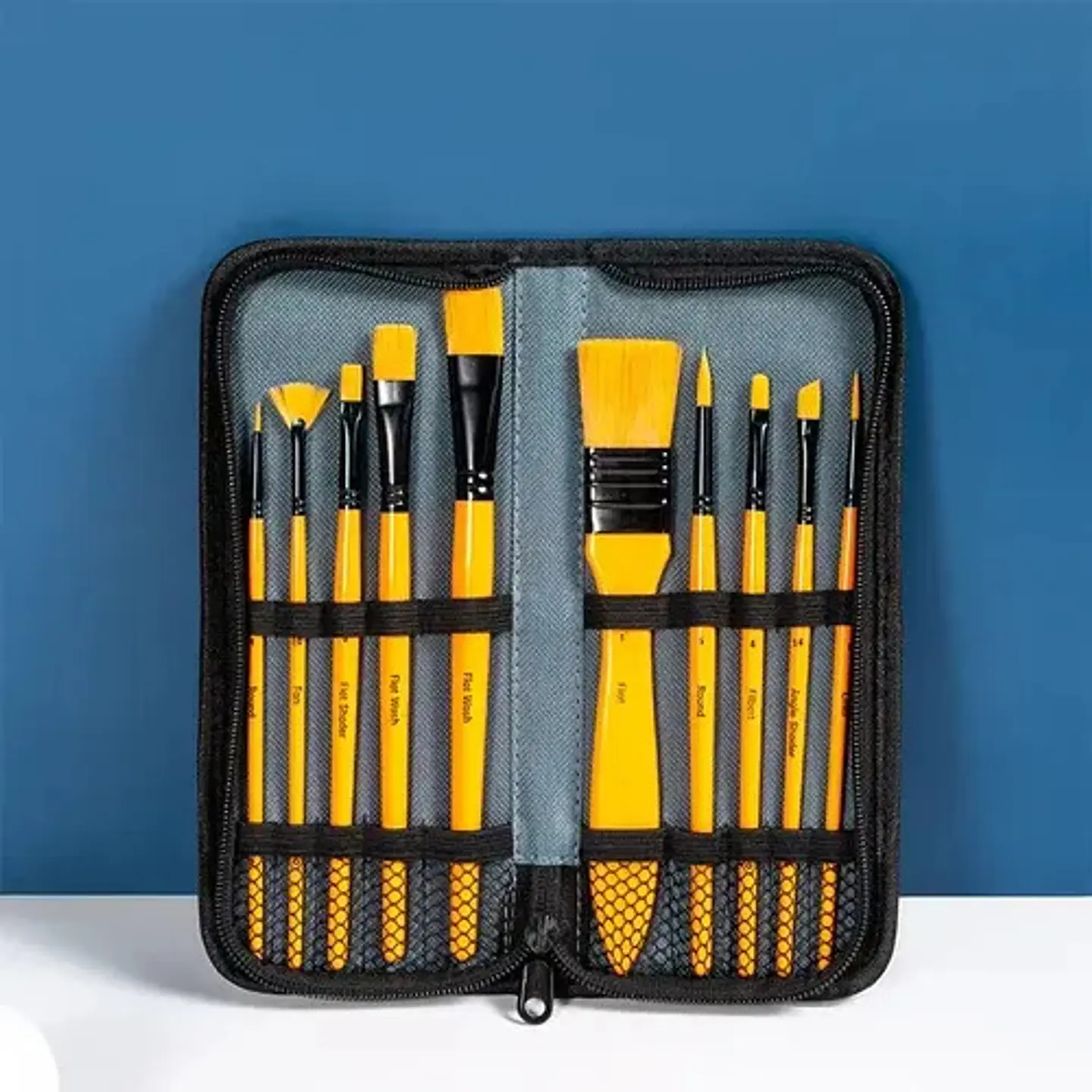 Set De 10 Pinceles Profesionales Para Arte Acrílico Con Estu Amarillo 1