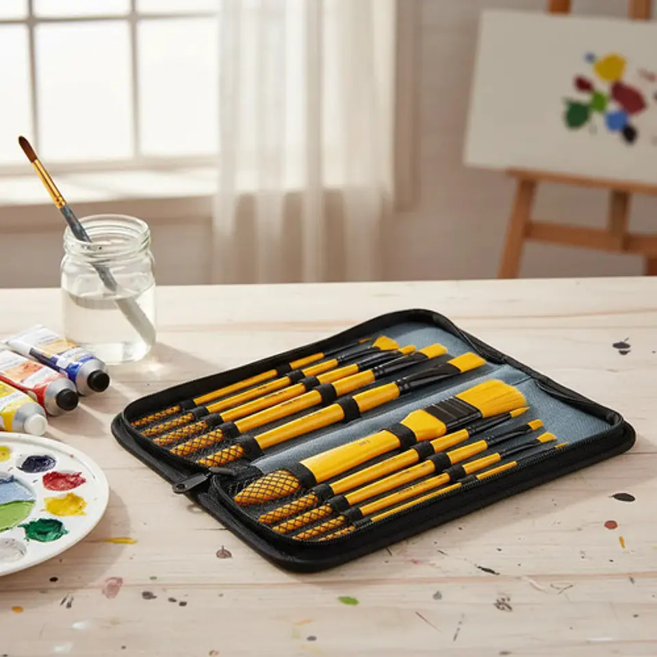 Set De 10 Pinceles Profesionales Para Arte Acrílico Con Estu Amarillo 3
