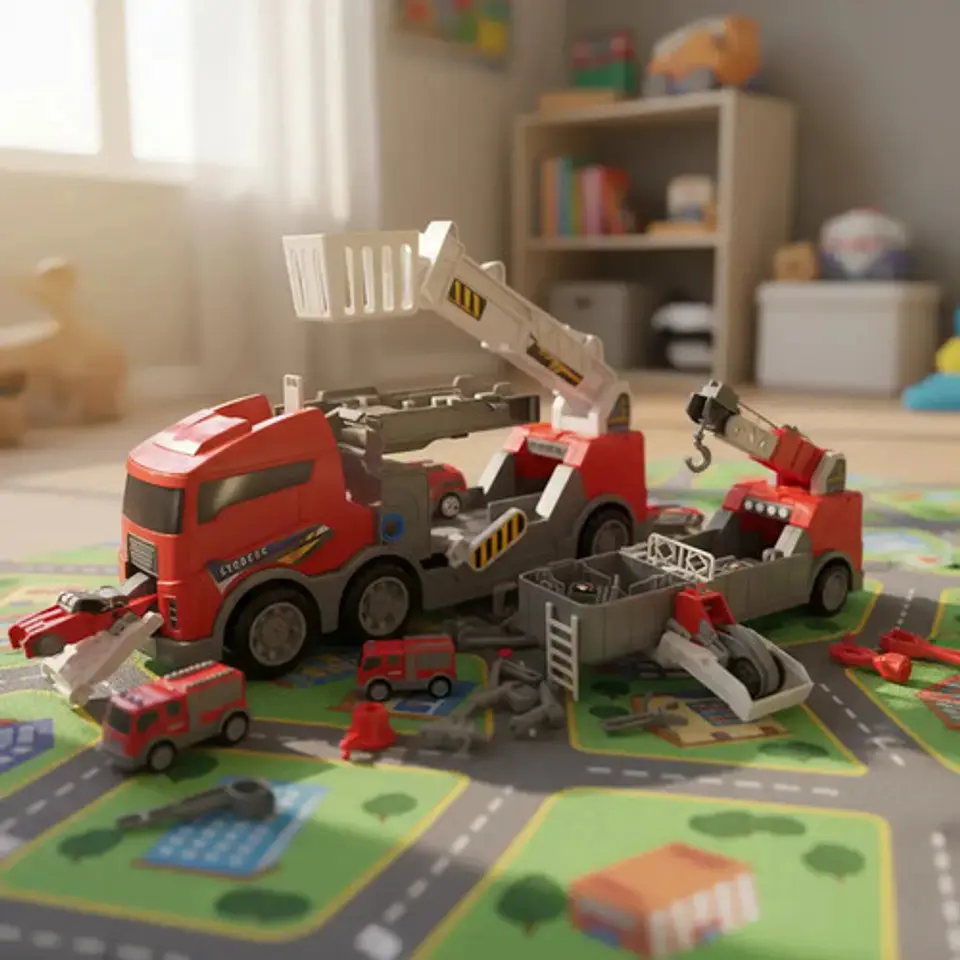Mula Camion Construccion Tractomula Juguete 4 Vehiculos Color Rojo Personaje Carro Auto 4
