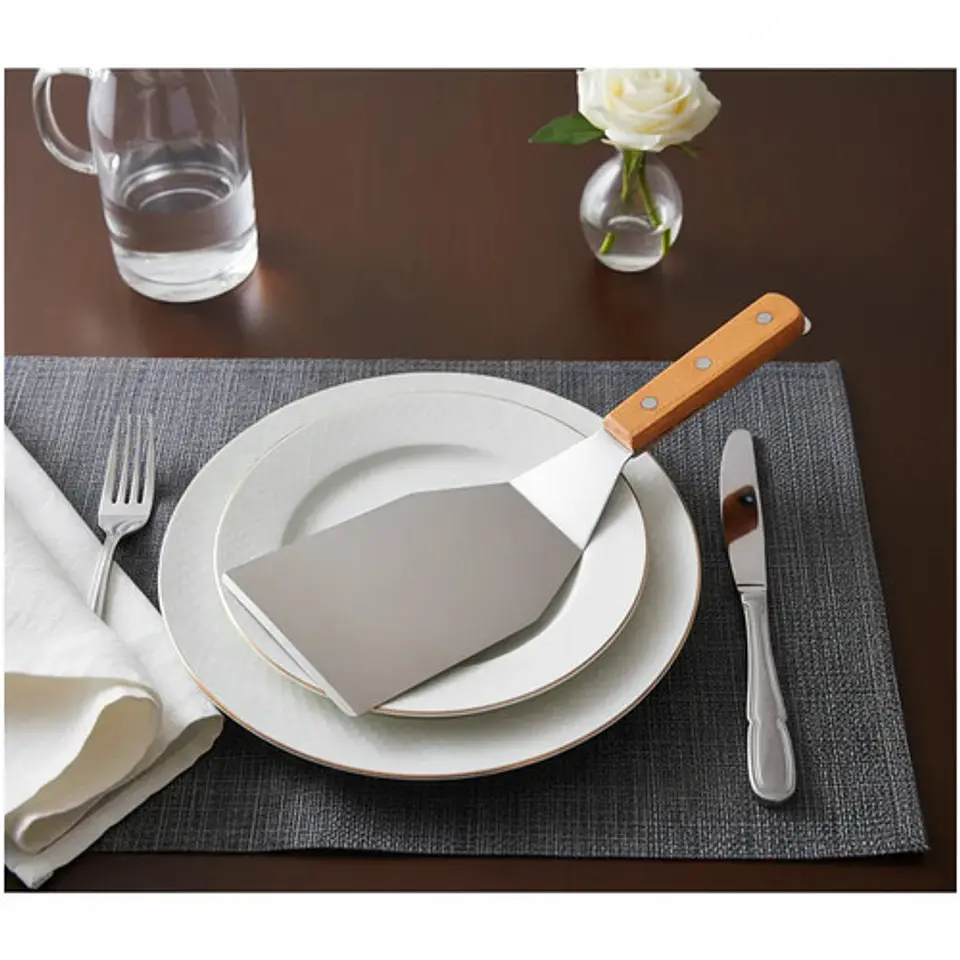 Espátula Hamburgesa Utensilio Cocina Curva Mango Plastico Madera 1