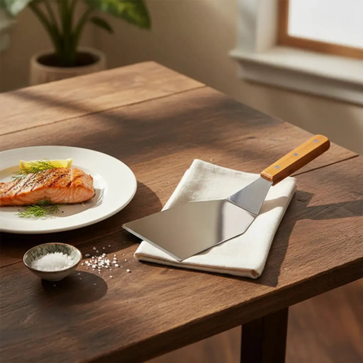 Espátula Hamburgesa Utensilio Cocina Curva Mango Plastico Madera 2