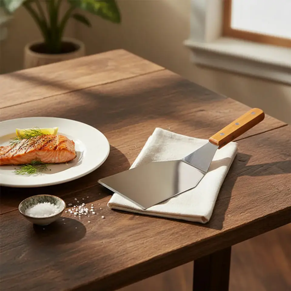 Espátula Hamburgesa Utensilio Cocina Curva Mango Plastico Madera 2