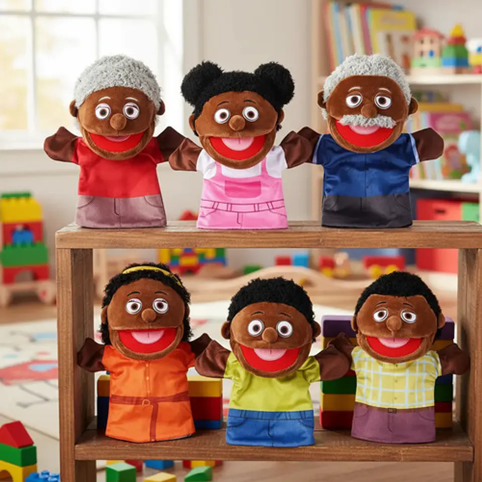 Set De 6 Títeres De Mano Familia Afro En Peluche Escolar 2