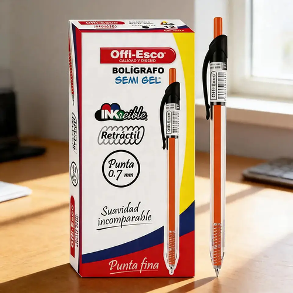 Bolígrafo Retráctil Semigel Offi-esco 0.7 Mm Negro Tinta Gel Trazo Fino 3