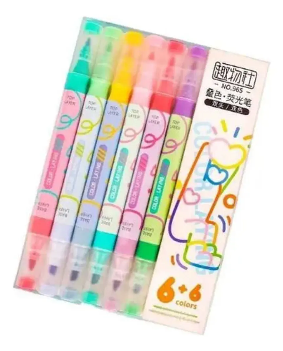 Resaltadores Doble Punta Set De 6 Colores Pastel Kawaii Variado 1