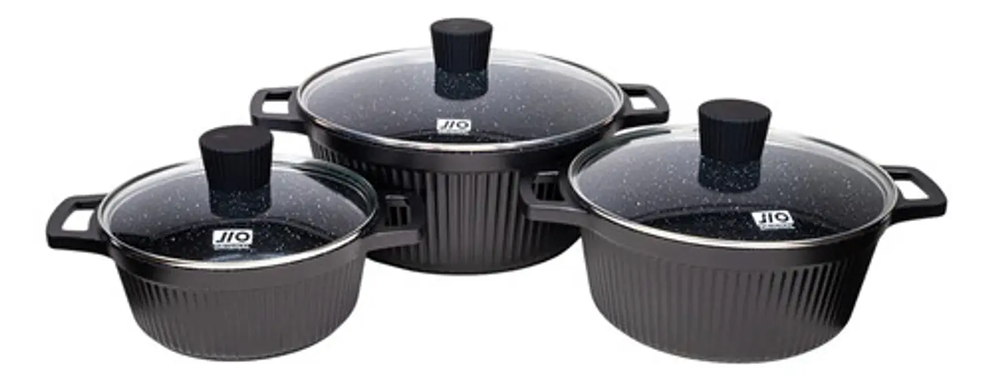Juego De 3 Ollas Aluminio Negras Con Tapas De Vidrio Cocina 1