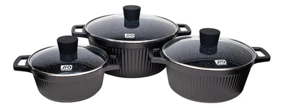 Juego De 3 Ollas Aluminio Negras Con Tapas De Vidrio Cocina 1