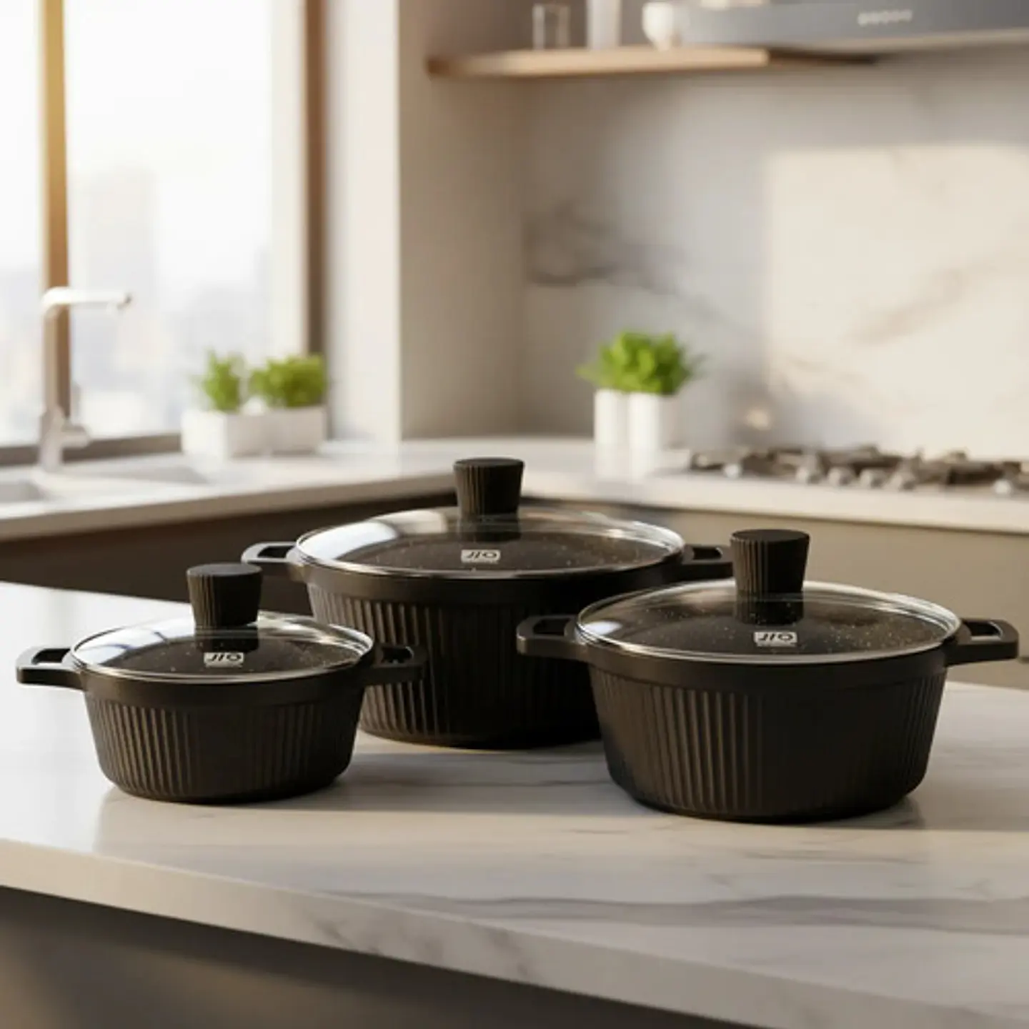 Juego De 3 Ollas Aluminio Negras Con Tapas De Vidrio Cocina 2