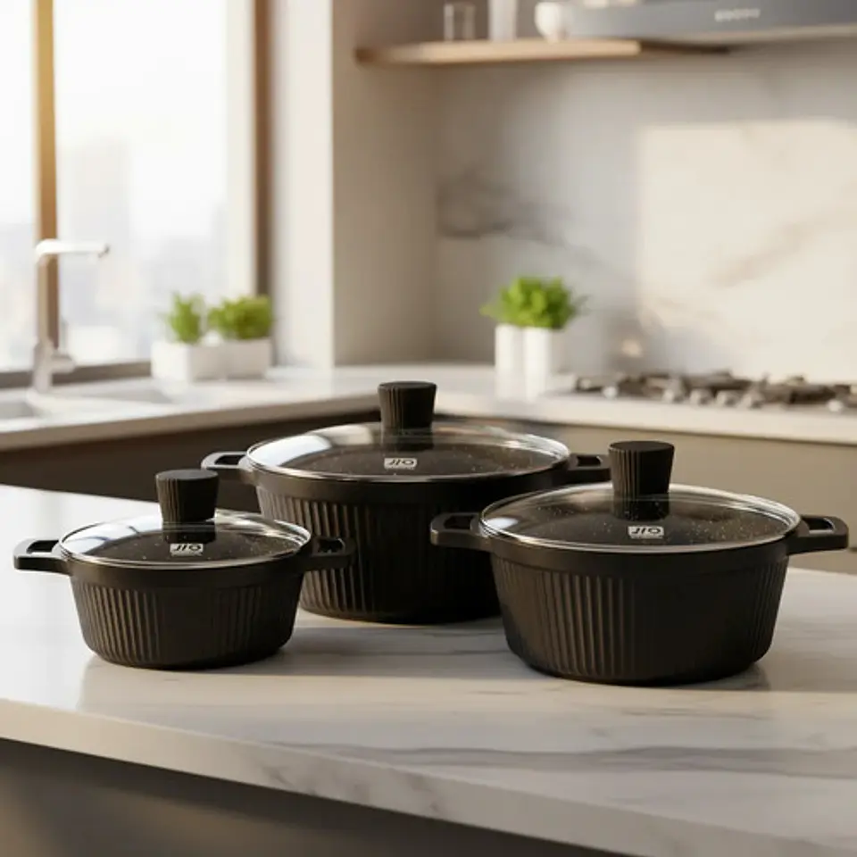 Juego De 3 Ollas Aluminio Negras Con Tapas De Vidrio Cocina 2