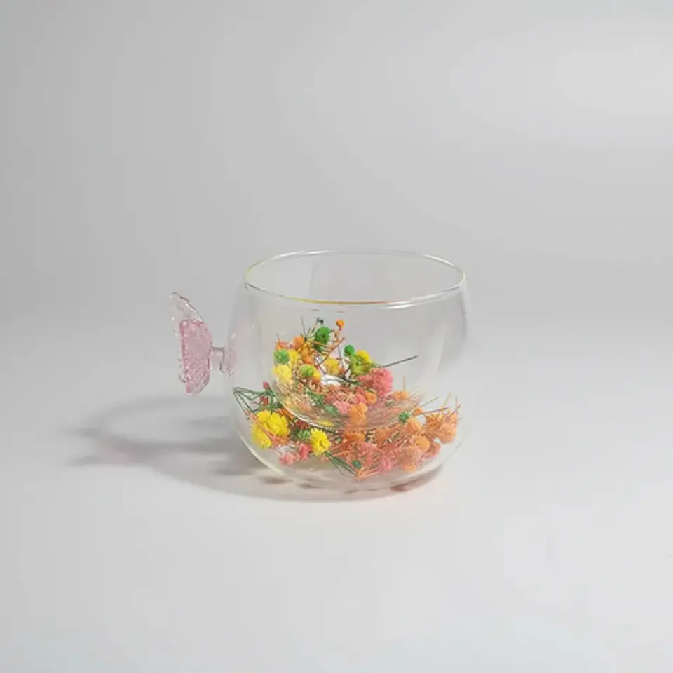 Pocillo Taza Borocilicato Doble Pared Flores Mariposa Regalo 1