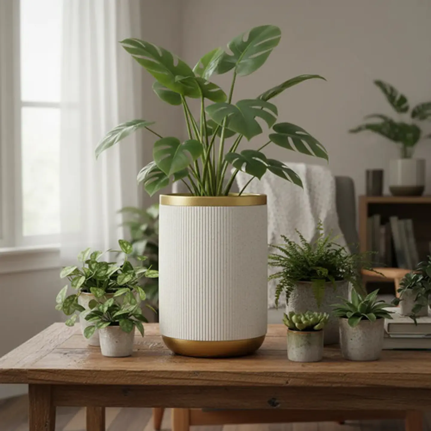 Maceta Cilíndrica Plastica Con Detalles Dorados Moderna 2