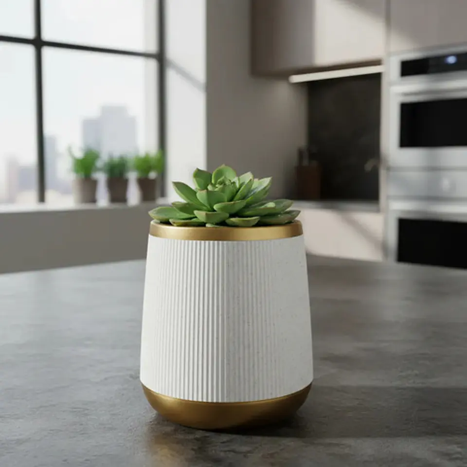 Matera Decorativa Planta Moderna Energy Plus Blanca Dorado 4