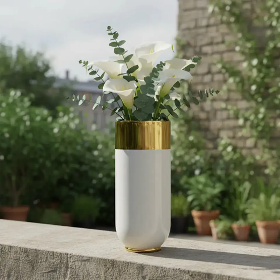 Florero Maceta Plantas Cilíndrico Grande Con Detalle Dorado 3