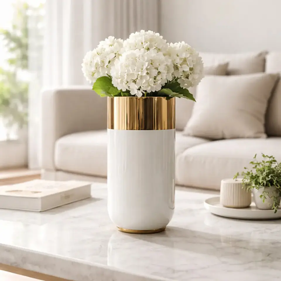 Florero Maceta Plantas Cilíndrico Grande Con Detalle Dorado 4