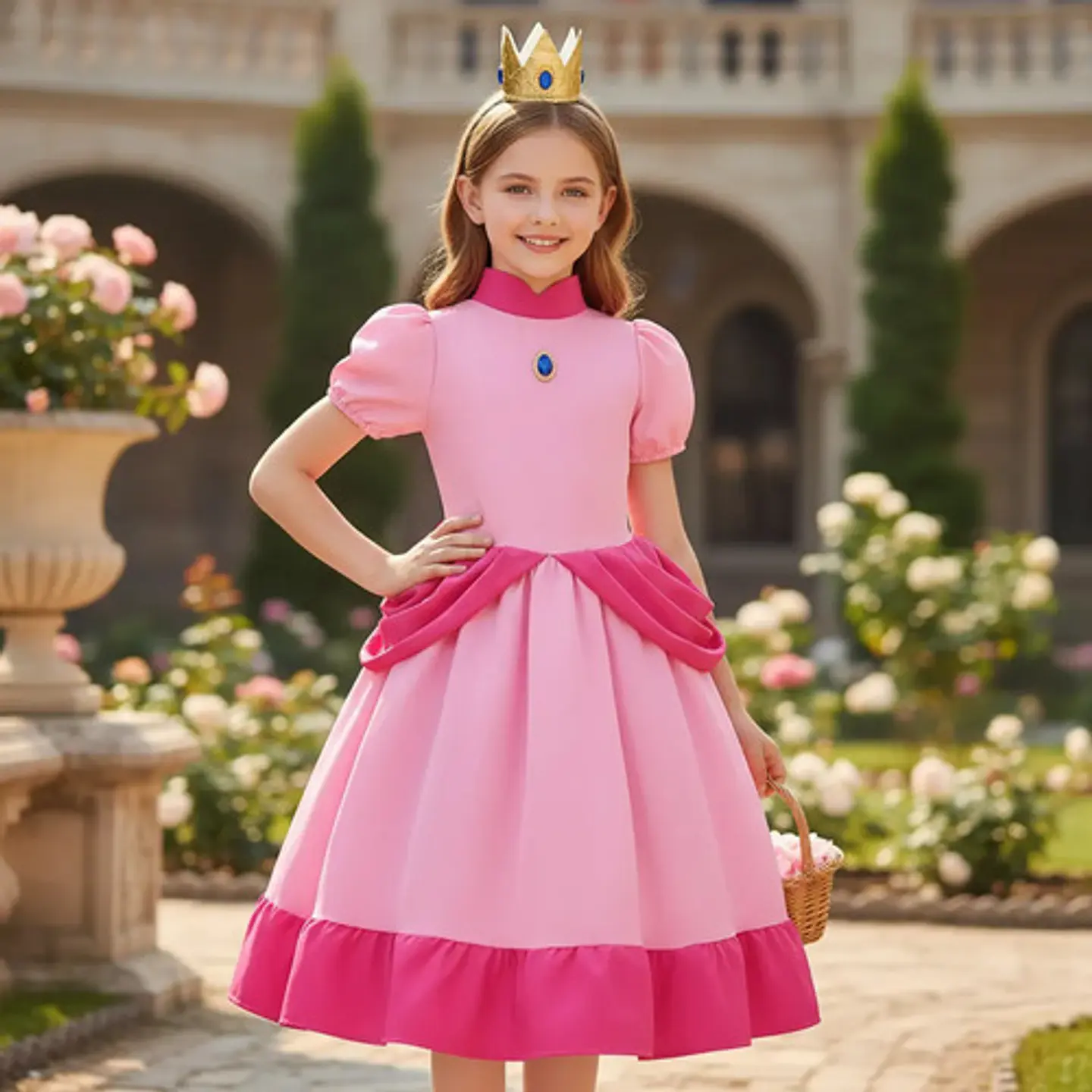 Disfraz Princesa Peach Rosado Para Niñas Corona Halloween 2