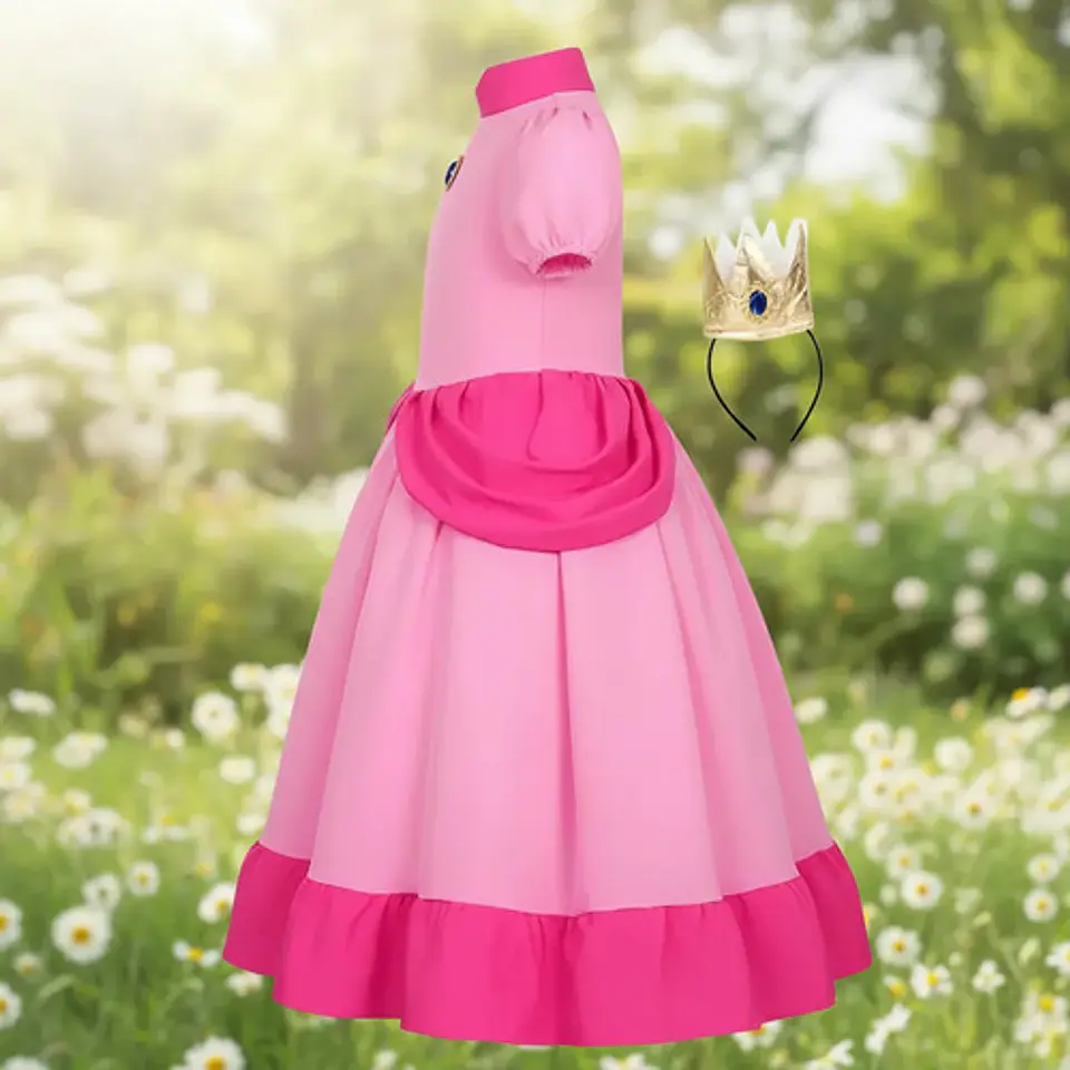 Disfraz Princesa Peach Rosado Para Niñas Corona Halloween 4