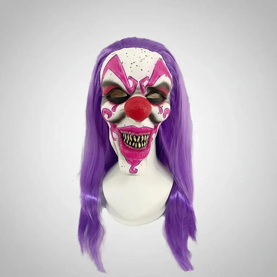 Máscara De Payaso Malvado Con Pelo Morado Y Nariz Roja 1
