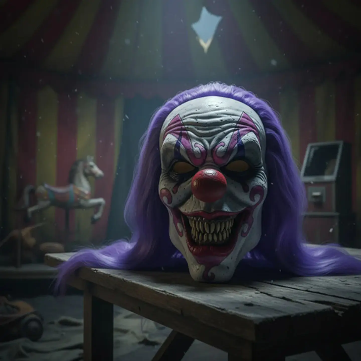 Máscara De Payaso Malvado Con Pelo Morado Y Nariz Roja 2