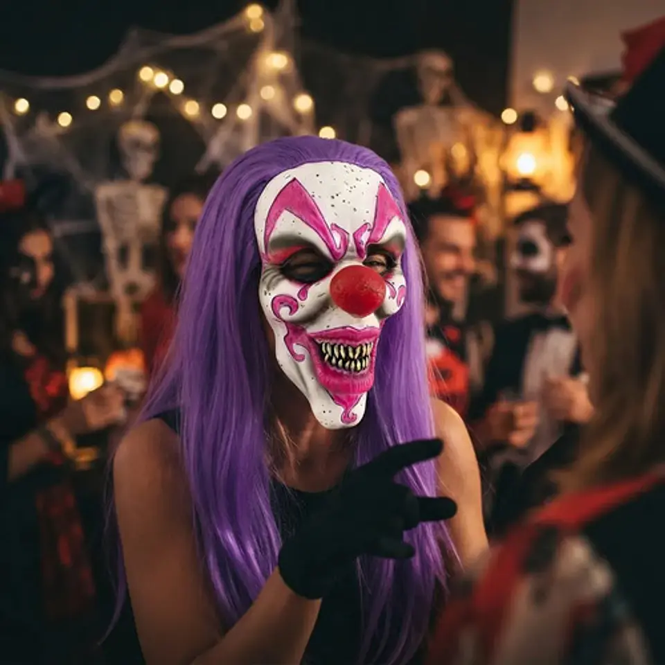 Máscara De Payaso Malvado Con Pelo Morado Y Nariz Roja 3