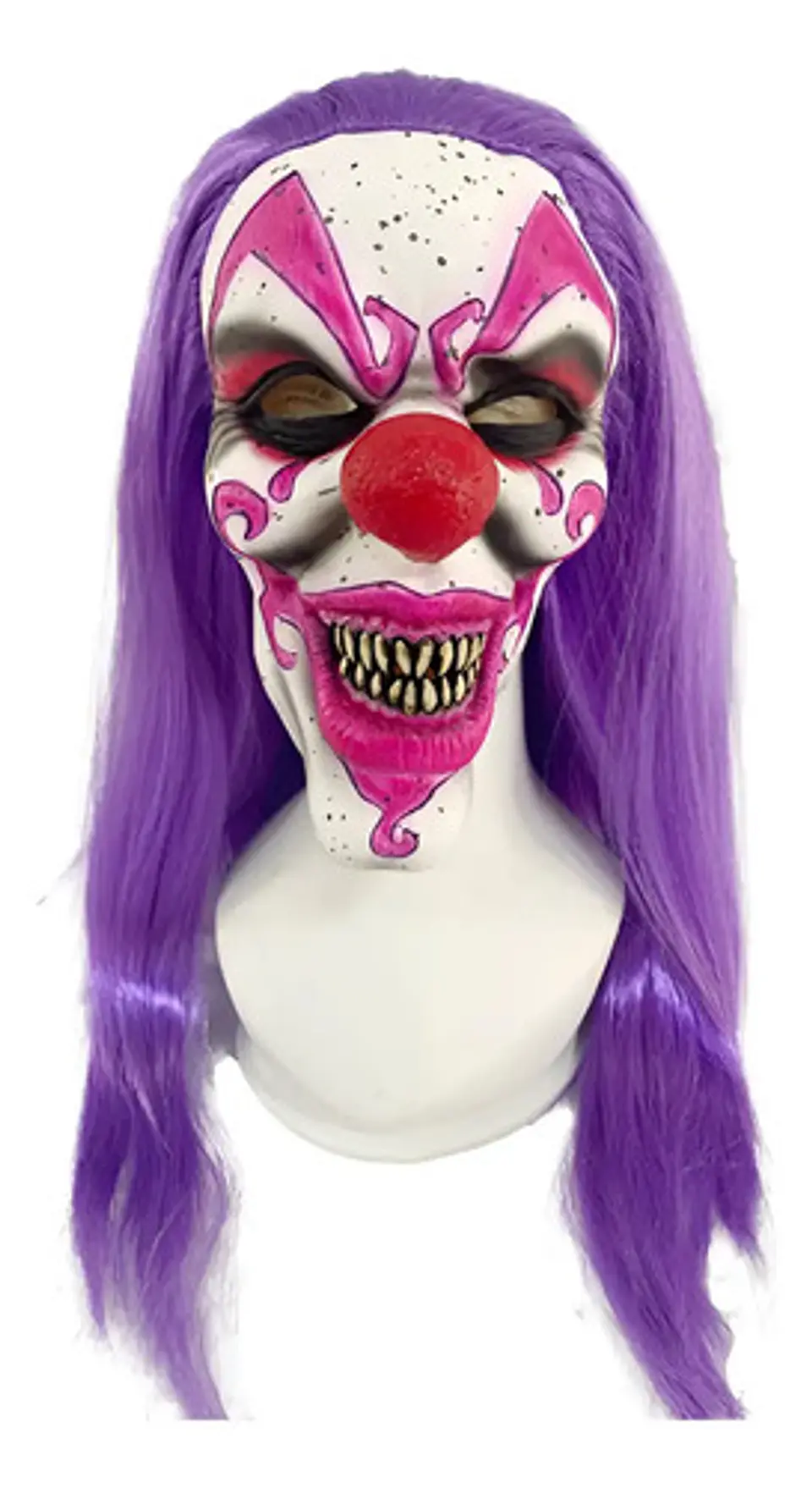 Máscara De Payaso Malvado Con Pelo Morado Y Nariz Roja 4