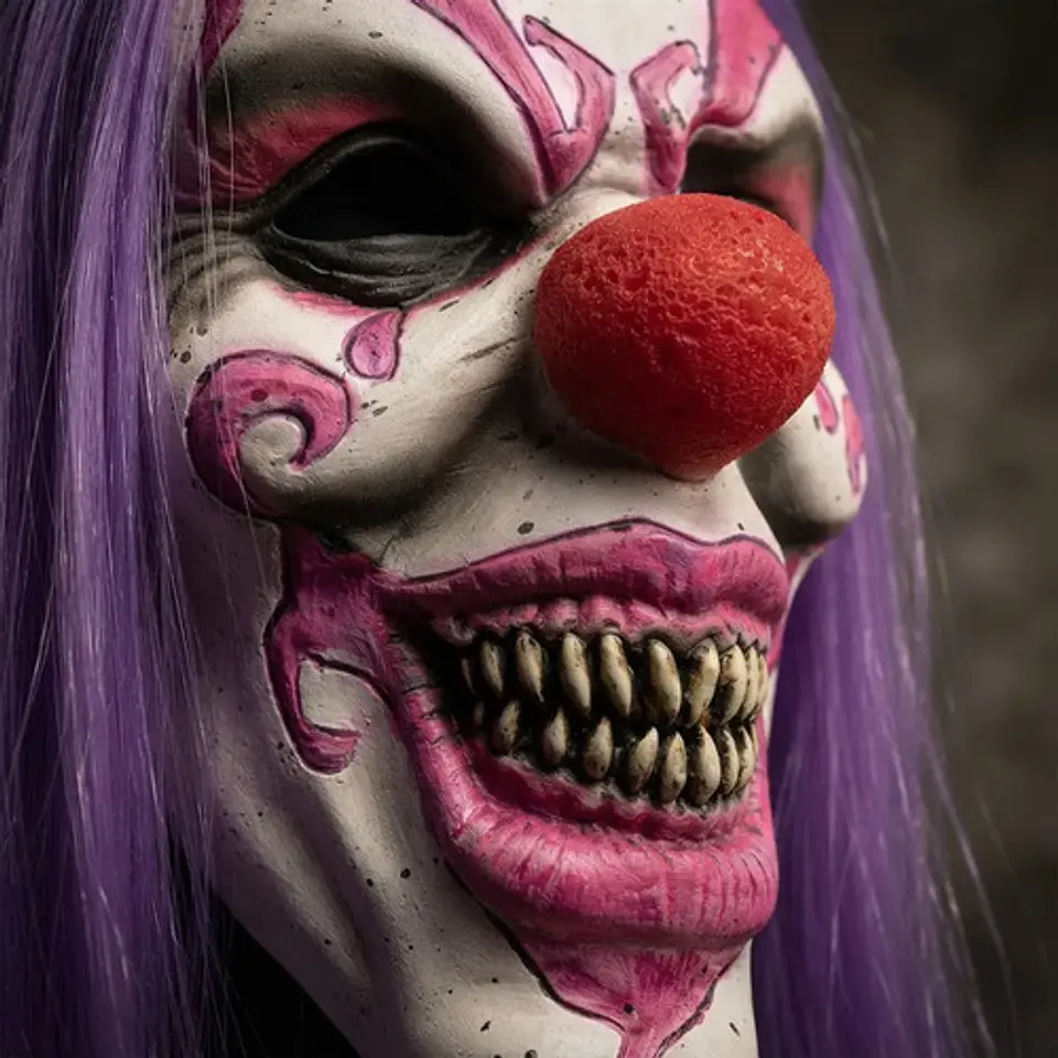 Máscara De Payaso Malvado Con Pelo Morado Y Nariz Roja 5