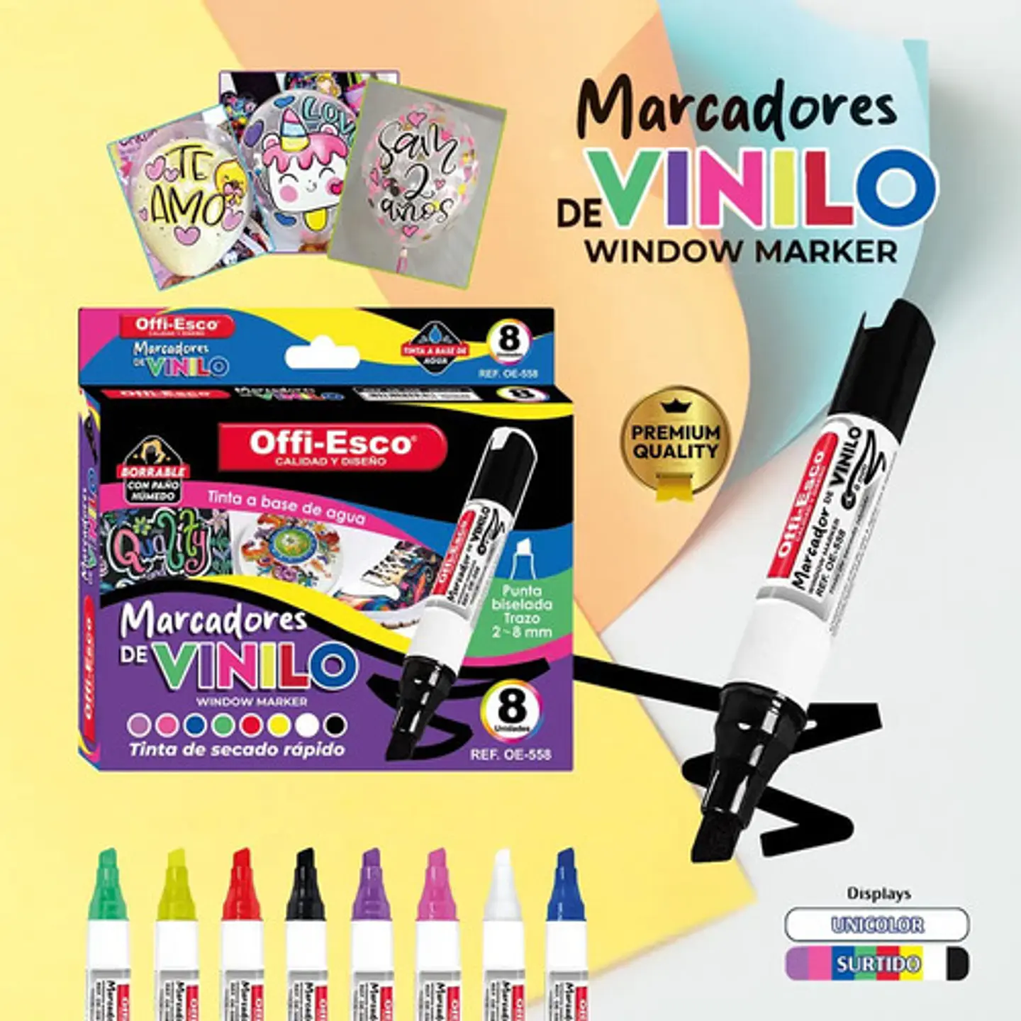 Marcadores De Vinilo Offi-esco Oe-558, 8 Unidades, Tinta Agu Multicolor 2