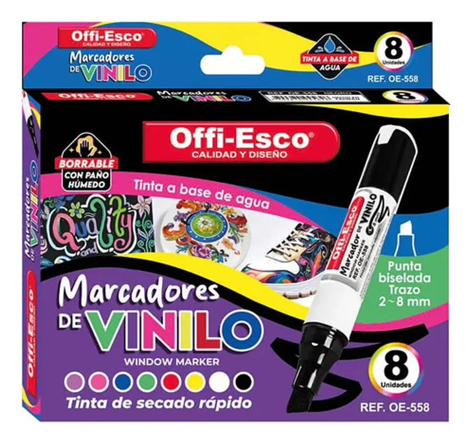 Marcadores De Vinilo Offi-esco Oe-558, 8 Unidades, Tinta Agu Multicolor 3