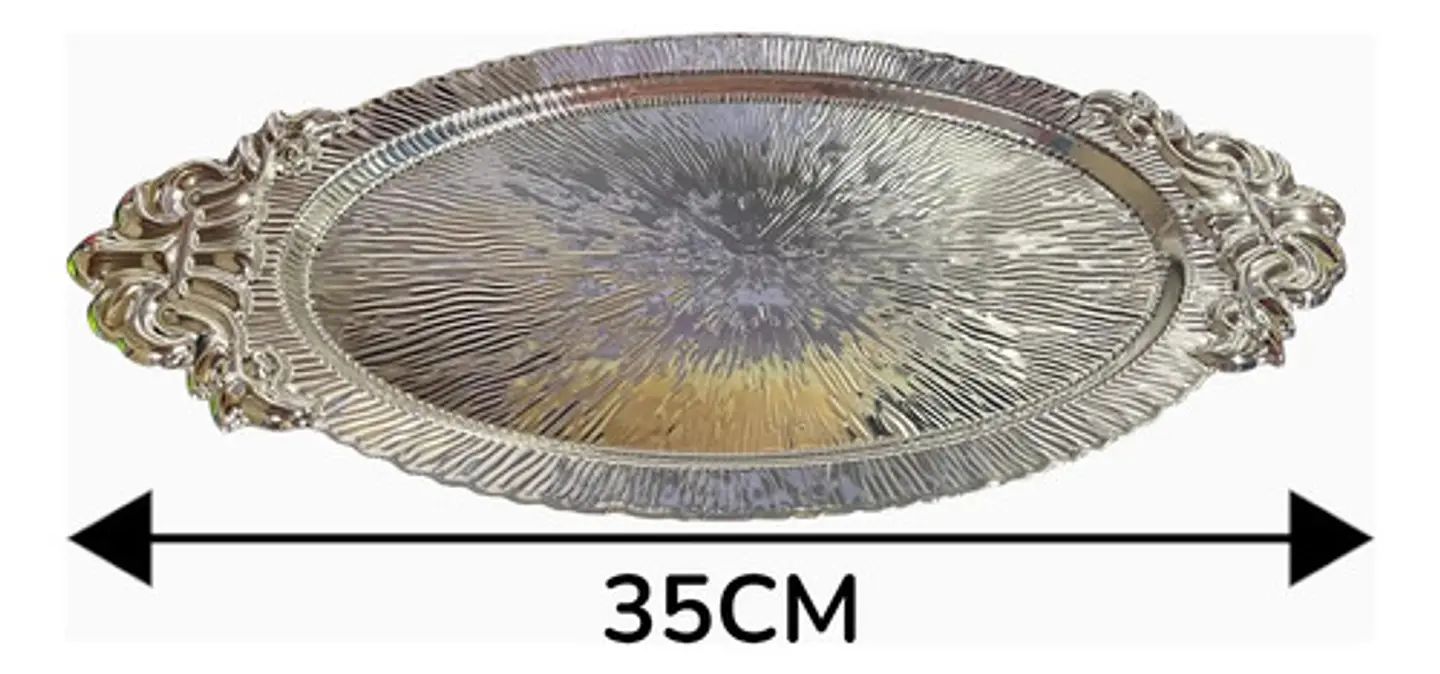 Bandeja Servir Ovalada Plateada Decorativa Con Asas Labradas 5